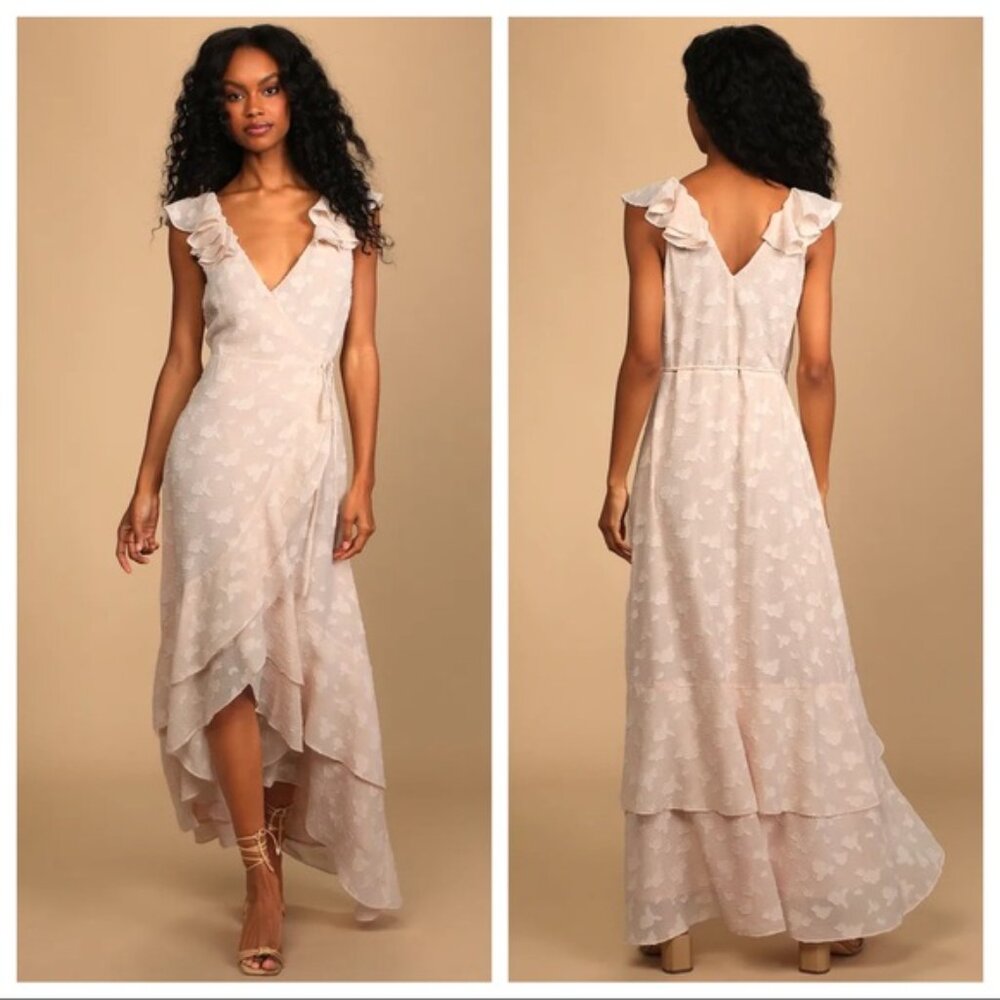 Lulus Lovely Evening Together Pale Pink Jacquard High-Low Wrap Dress